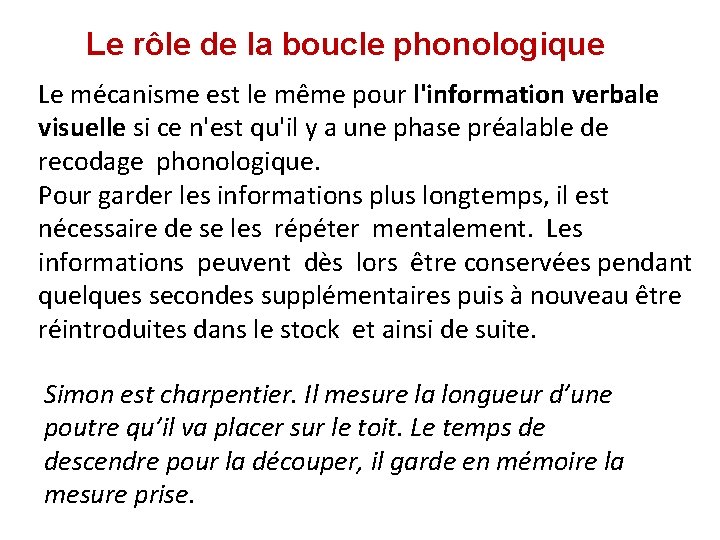 Le rôle de la boucle phonologique Le mécanisme est le même pour l'information verbale