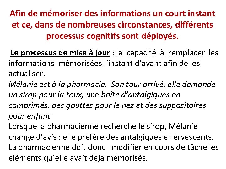 Afin de mémoriser des informations un court instant et ce, dans de nombreuses circonstances,