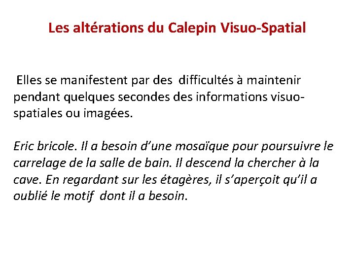 Les altérations du Calepin Visuo-Spatial Elles se manifestent par des difficultés à maintenir pendant