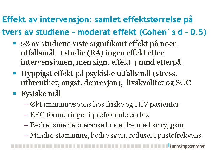 Effekt av intervensjon: samlet effektstørrelse på tvers av studiene – moderat effekt (Cohen´s d