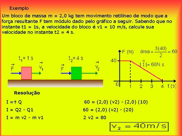 Exemplo Um bloco de massa m = 2, 0 kg tem movimento retilíneo de