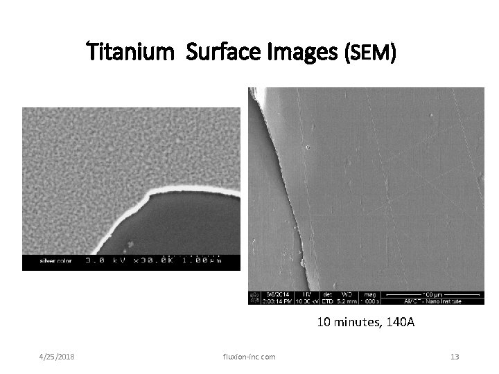 Titanium Surface Images (SEM) 10 minutes, 140 A 4/25/2018 fluxion-inc. com 13 