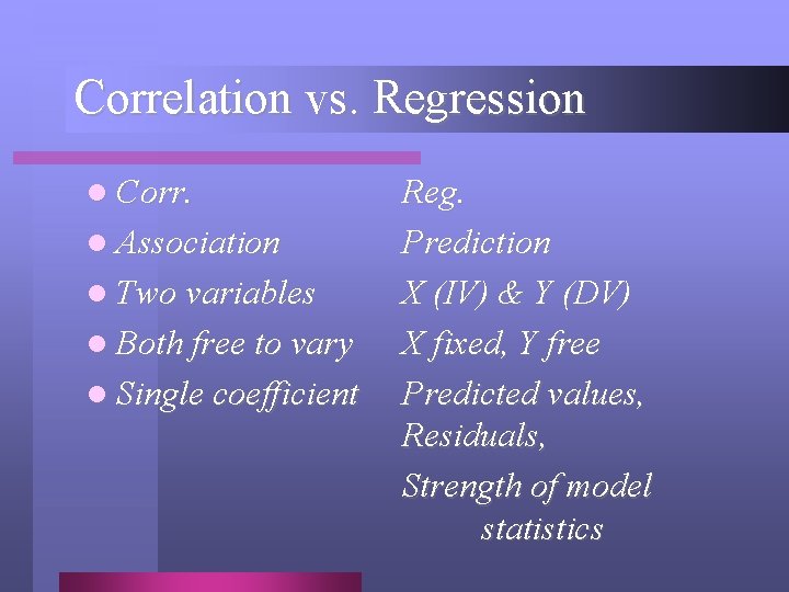 Correlation vs. Regression l Corr. l Association l Two variables l Both free to