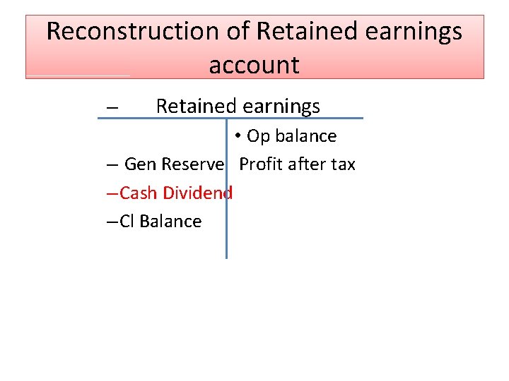 Reconstruction of Retained earnings account – Retained earnings • Op balance – Gen Reserve