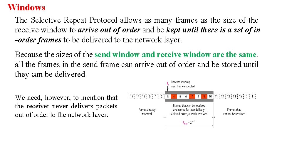 Windows The Selective Repeat Protocol allows as many frames as the size of the