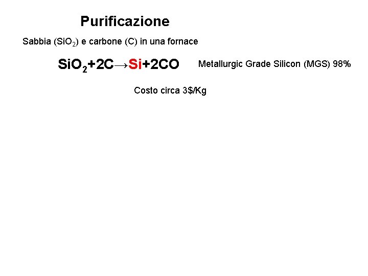 Purificazione Sabbia (Si. O 2) e carbone (C) in una fornace Si. O 2+2