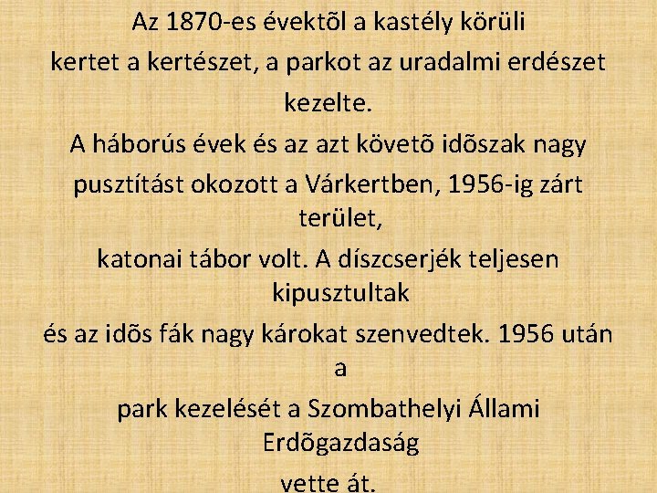 Az 1870 -es évektõl a kastély körüli kertet a kertészet, a parkot az uradalmi