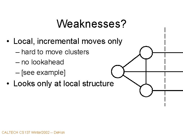 Weaknesses? • Local, incremental moves only – hard to move clusters – no lookahead