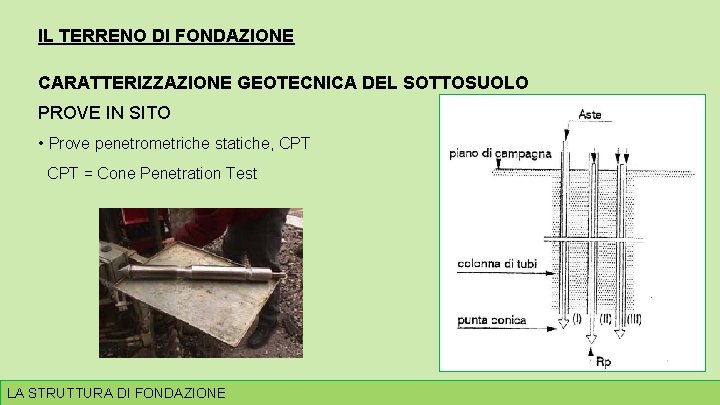 IL TERRENO DI FONDAZIONE CARATTERIZZAZIONE GEOTECNICA DEL SOTTOSUOLO PROVE IN SITO • Prove penetrometriche