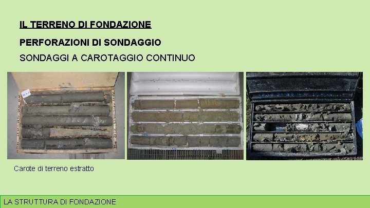 IL TERRENO DI FONDAZIONE PERFORAZIONI DI SONDAGGIO SONDAGGI A CAROTAGGIO CONTINUO Carote di terreno