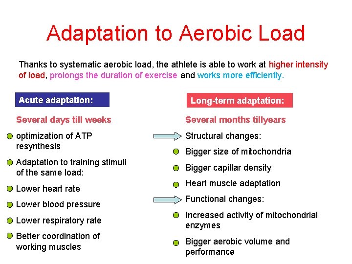 Adaptation to Aerobic Load Thanks to systematic aerobic load, the athlete is able to