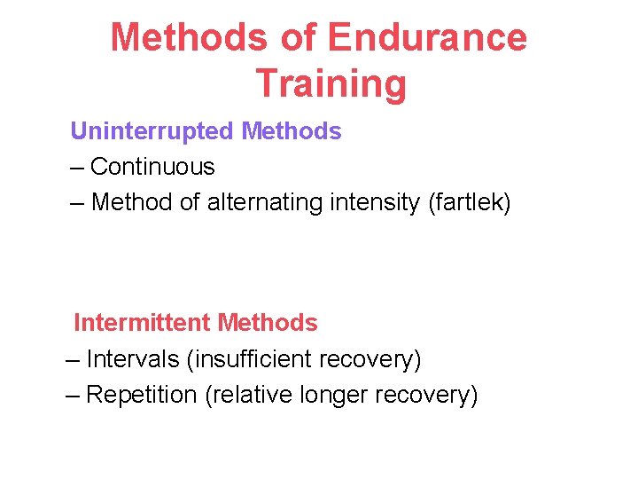 Methods of Endurance Training Uninterrupted Methods – Continuous – Method of alternating intensity (fartlek)