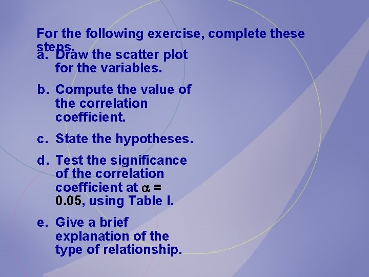 For the following exercise, complete these steps. a. Draw the scatter plot for the