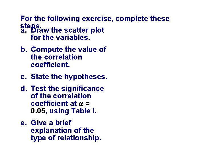 For the following exercise, complete these steps. a. Draw the scatter plot for the