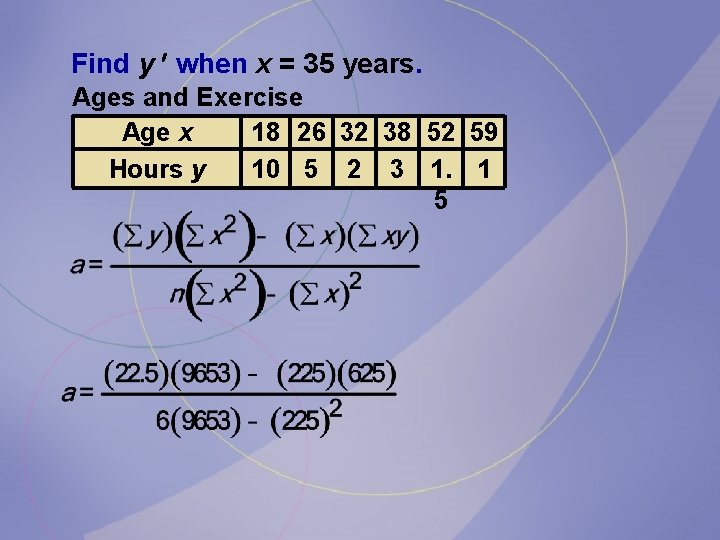 Find y when x = 35 years. Ages and Exercise Age x 18 26