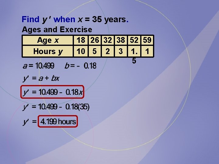 Find y when x = 35 years. Ages and Exercise Age x 18 26