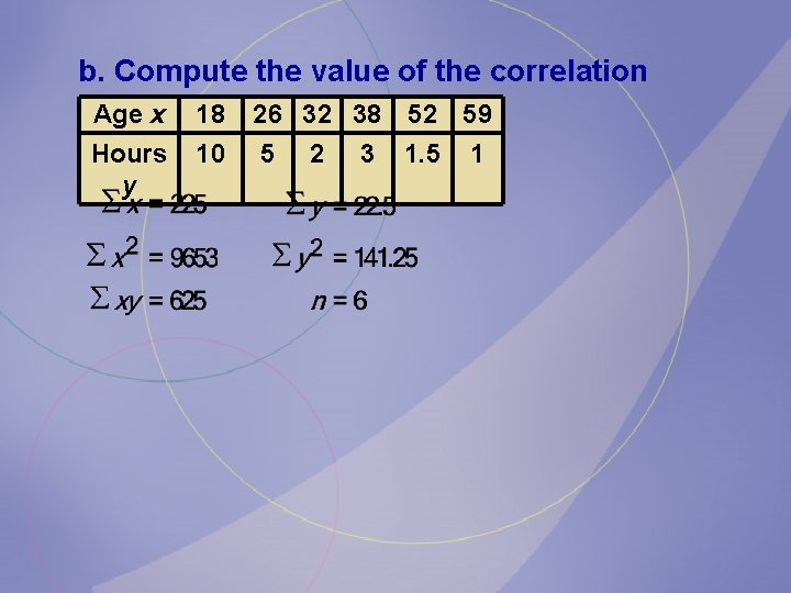 b. Compute the value of the correlation coefficient. Age x 18 26 32 38