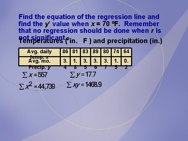 Find the equation of the regression line and find the y value when x