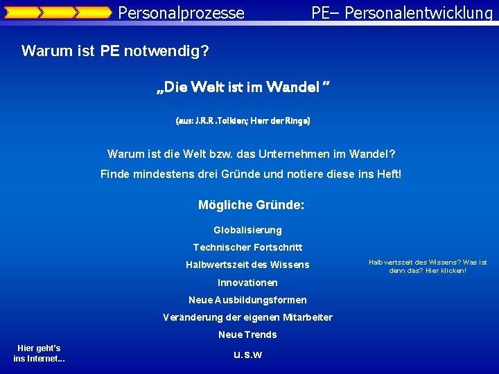 Personalprozesse PE– Personalentwicklung Warum ist PE notwendig? „Die Welt ist im Wandel “ (aus: