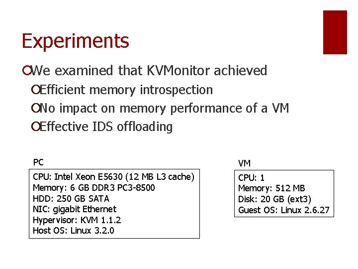 Experiments ¡We examined that KVMonitor achieved ¡Efficient memory introspection ¡No impact on memory performance Experiments ¡We examined that KVMonitor achieved ¡Efficient memory introspection ¡No impact on memory performance