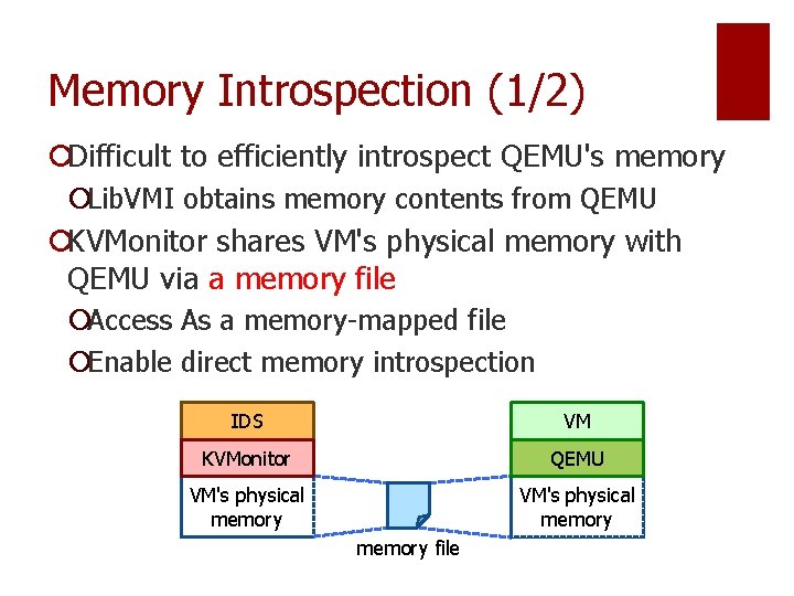 Memory Introspection (1/2) ¡Difficult to efficiently introspect QEMU's memory ¡Lib. VMI obtains memory contents Memory Introspection (1/2) ¡Difficult to efficiently introspect QEMU's memory ¡Lib. VMI obtains memory contents