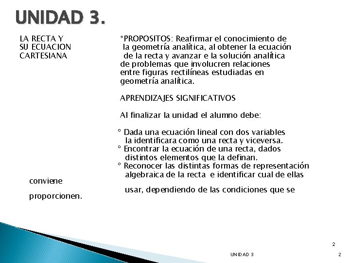 UNIDAD 3. LA RECTA Y SU ECUACION CARTESIANA *PROPOSITOS: Reafirmar el conocimiento de la