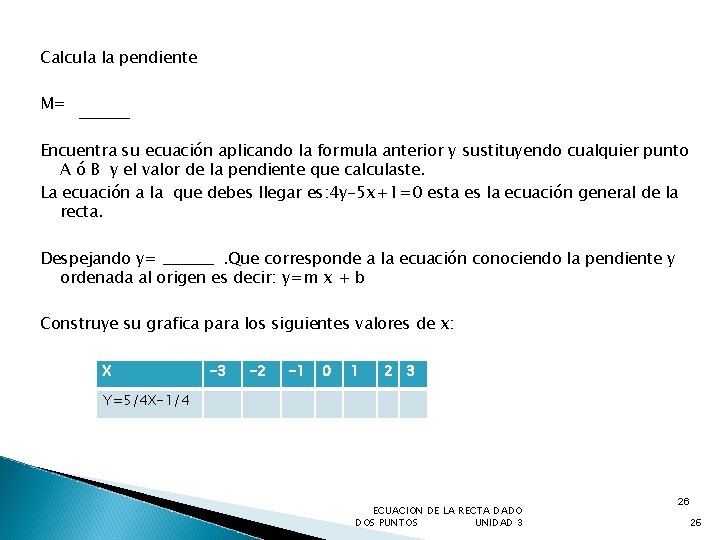 Calcula la pendiente M= Encuentra su ecuación aplicando la formula anterior y sustituyendo cualquier