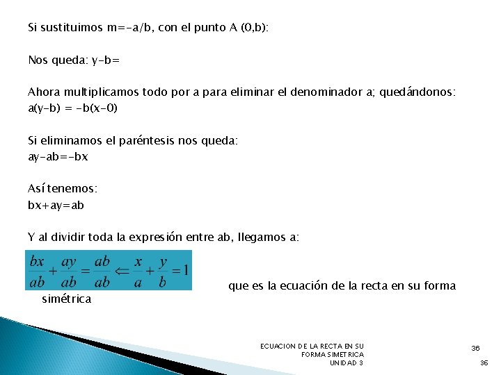 Si sustituimos m=-a/b, con el punto A (0, b): Nos queda: y-b= Ahora multiplicamos