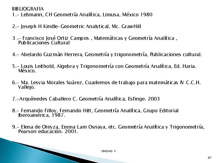 BIBLIOGRAFIA 1. - Lehmann, CH Geometría Analítica, Limusa, México 1980 2. - Joseph H