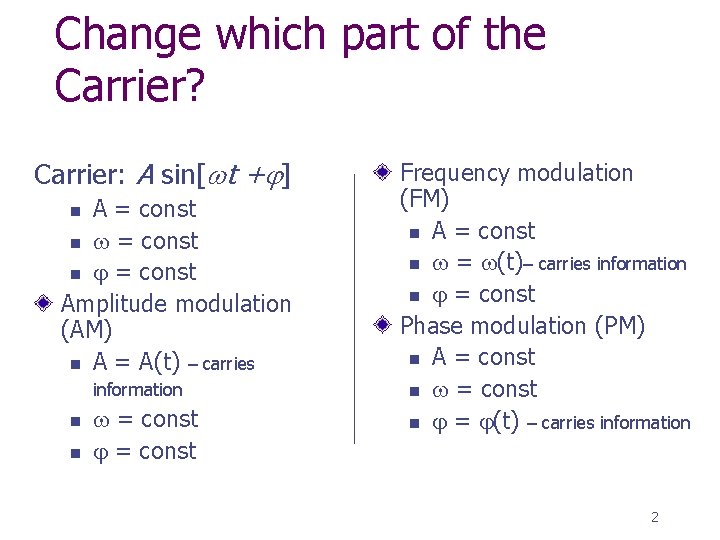 Change which part of the Carrier? Carrier: A sin[ t + ] A =