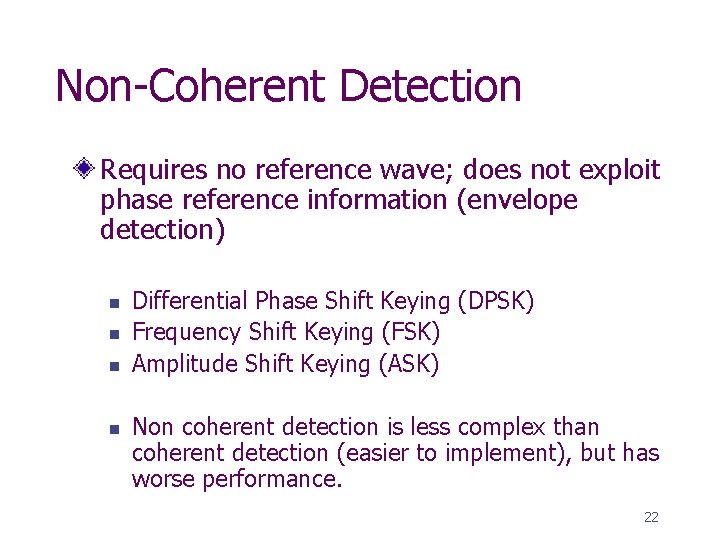 Non-Coherent Detection Requires no reference wave; does not exploit phase reference information (envelope detection)