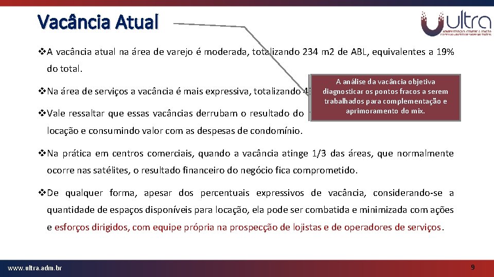 Vacância Atual v. A vacância atual na área de varejo é moderada, totalizando 234