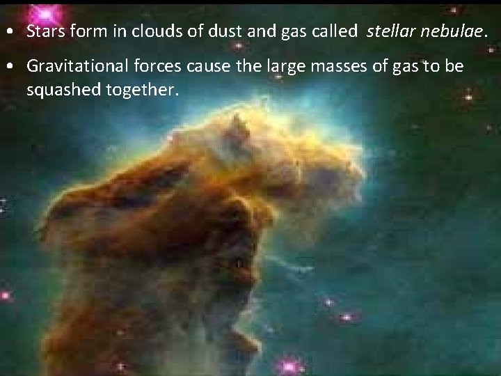 • Stars form in clouds of dust and gas called stellar nebulae. • • Stars form in clouds of dust and gas called stellar nebulae. •