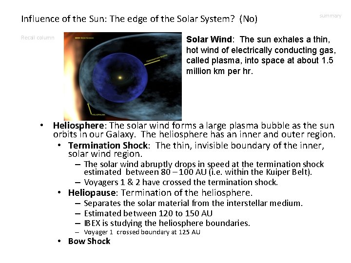 Influence of the Sun: The edge of the Solar System? (No) Recall column summary