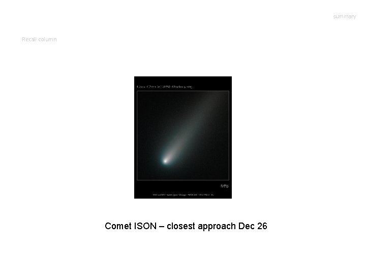 summary Recall column Comet ISON – closest approach Dec 26 