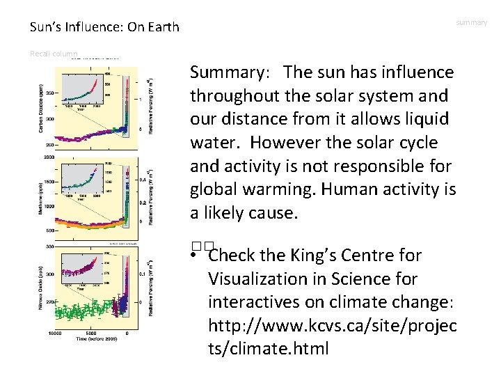 Sun’s Influence: On Earth summary Recall column Summary: The sun has influence throughout the