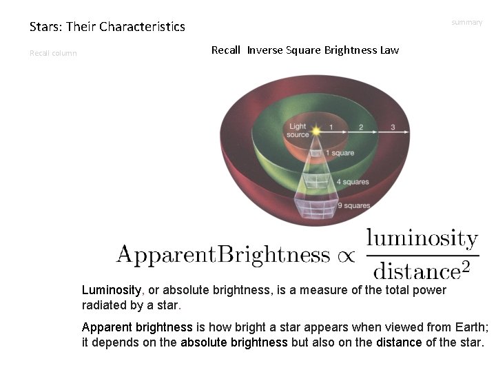 Stars: Their Characteristics Recall column summary Recall Inverse Square Brightness Law Luminosity, or absolute