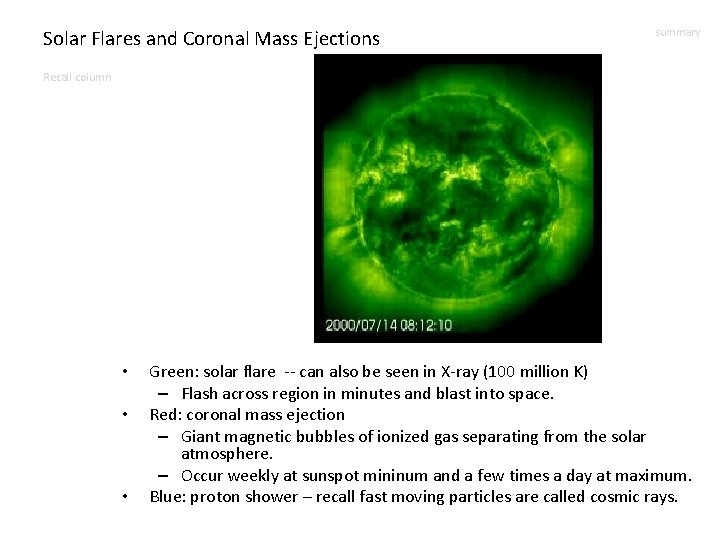 Solar Flares and Coronal Mass Ejections summary Recall column • • • Green: solar