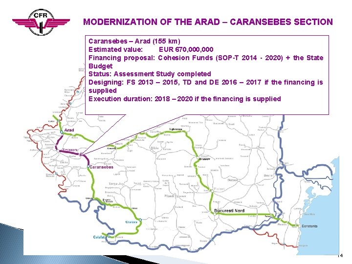 MODERNIZATION OF THE ARAD – CARANSEBES SECTION Caransebes – Arad (155 km) Estimated value: MODERNIZATION OF THE ARAD – CARANSEBES SECTION Caransebes – Arad (155 km) Estimated value: