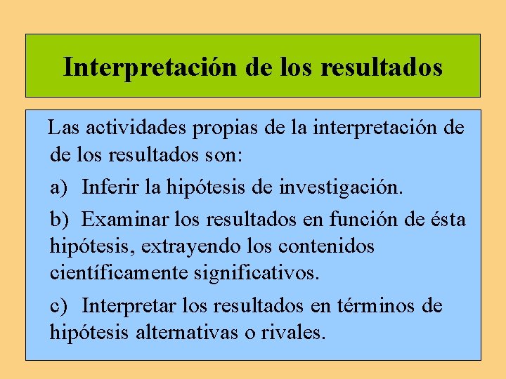 Interpretación de los resultados Las actividades propias de la interpretación de de los resultados Interpretación de los resultados Las actividades propias de la interpretación de de los resultados