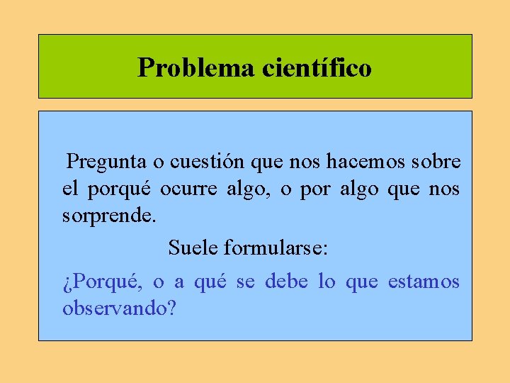 Problema científico Pregunta o cuestión que nos hacemos sobre el porqué ocurre algo, o Problema científico Pregunta o cuestión que nos hacemos sobre el porqué ocurre algo, o
