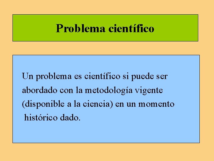 Problema científico Un problema es científico si puede ser abordado con la metodología vigente Problema científico Un problema es científico si puede ser abordado con la metodología vigente