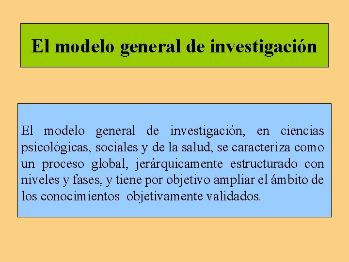 El modelo general de investigación, en ciencias psicológicas, sociales y de la salud, se El modelo general de investigación, en ciencias psicológicas, sociales y de la salud, se