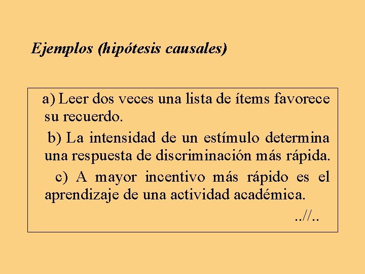 Ejemplos (hipótesis causales) a) Leer dos veces una lista de ítems favorece su recuerdo. Ejemplos (hipótesis causales) a) Leer dos veces una lista de ítems favorece su recuerdo.