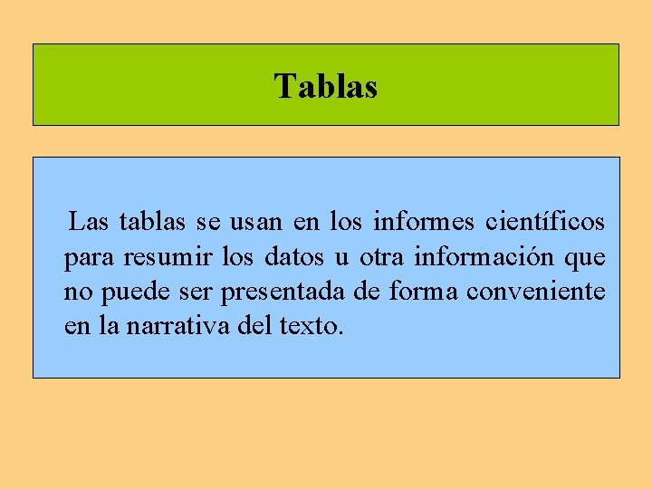Tablas Las tablas se usan en los informes científicos para resumir los datos u Tablas Las tablas se usan en los informes científicos para resumir los datos u