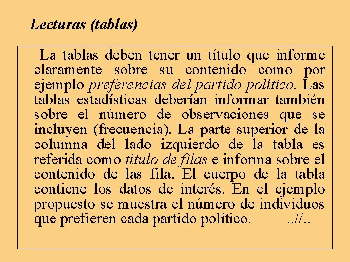 Lecturas (tablas) La tablas deben tener un título que informe claramente sobre su contenido Lecturas (tablas) La tablas deben tener un título que informe claramente sobre su contenido