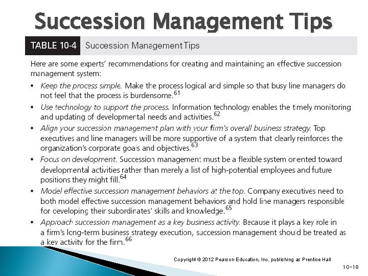 Succession Management Tips Copyright © 2012 Pearson Education, Inc. publishing as Prentice Hall 10