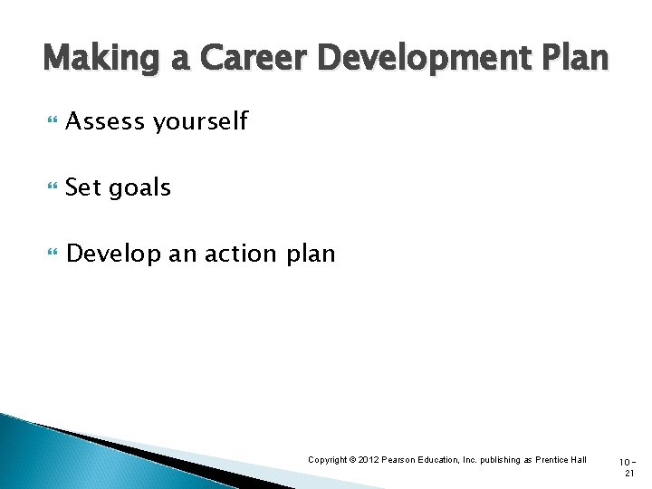 Making a Career Development Plan Assess yourself Set goals Develop an action plan Copyright
