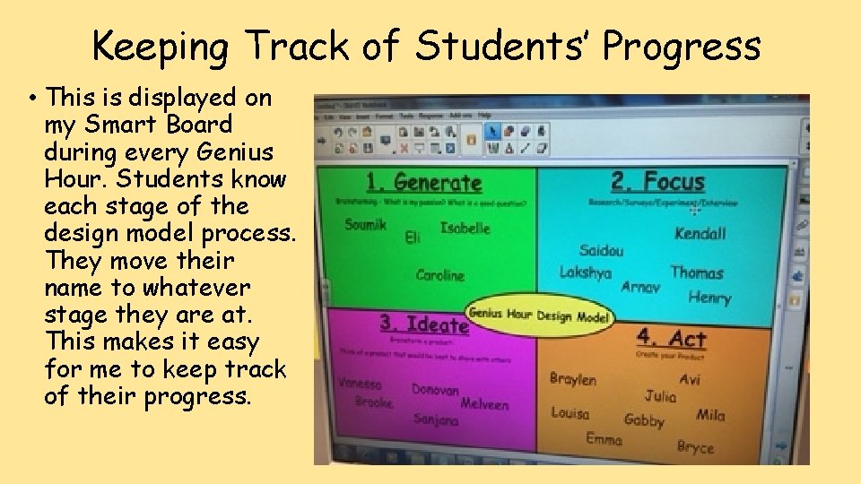 Keeping Track of Students’ Progress • This is displayed on my Smart Board during