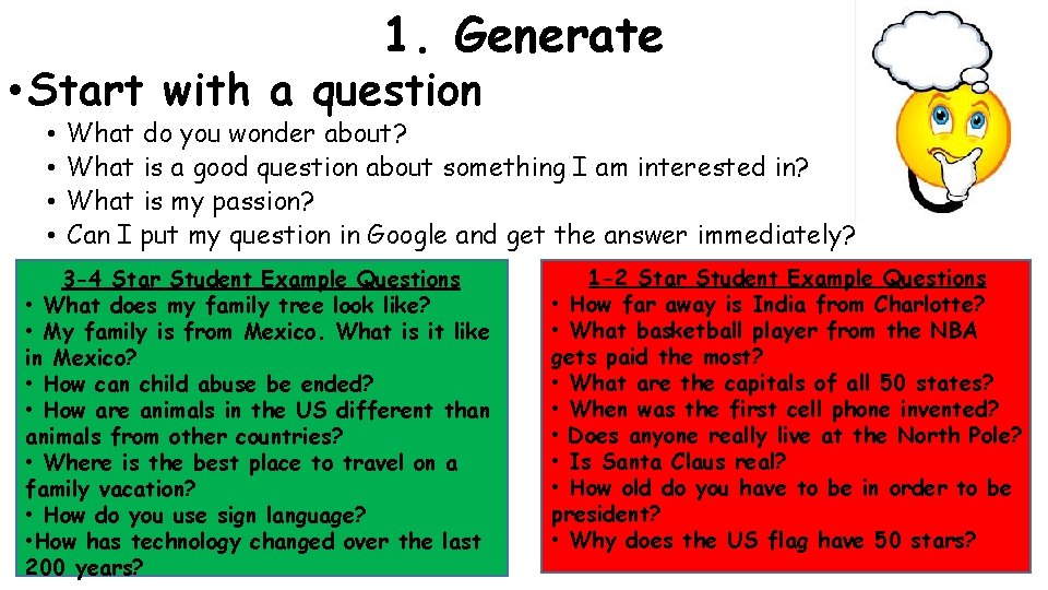 1. Generate • Start with a question • • What do you wonder about?